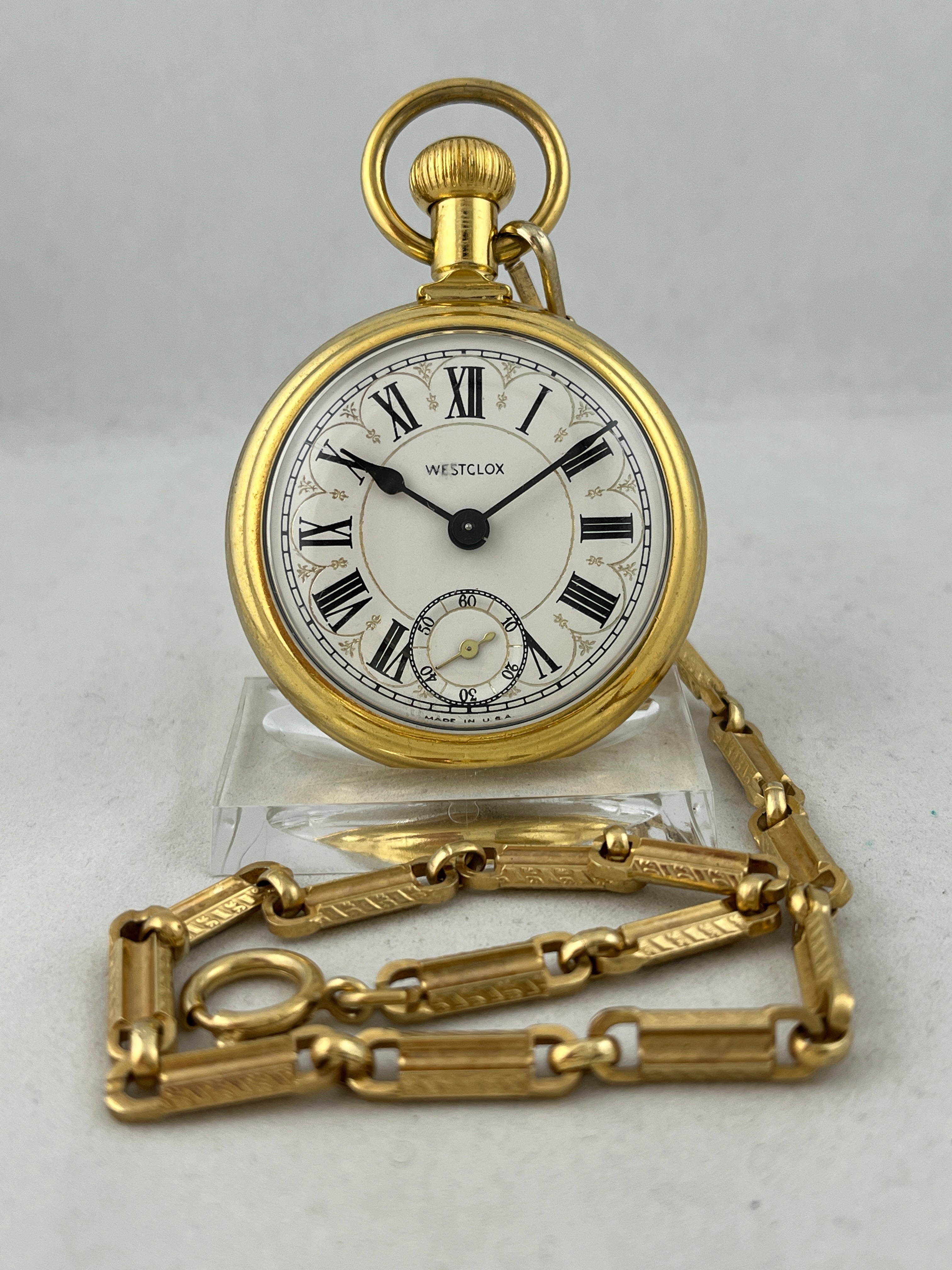 Westclox hand wound railroad pocket watch with chain