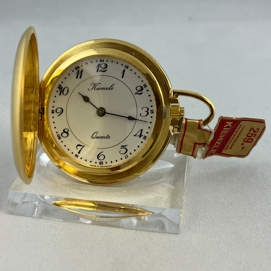 Vintage goldene Savonette Taschenuhr Kienzle Quartz FE 7220 mit Schild