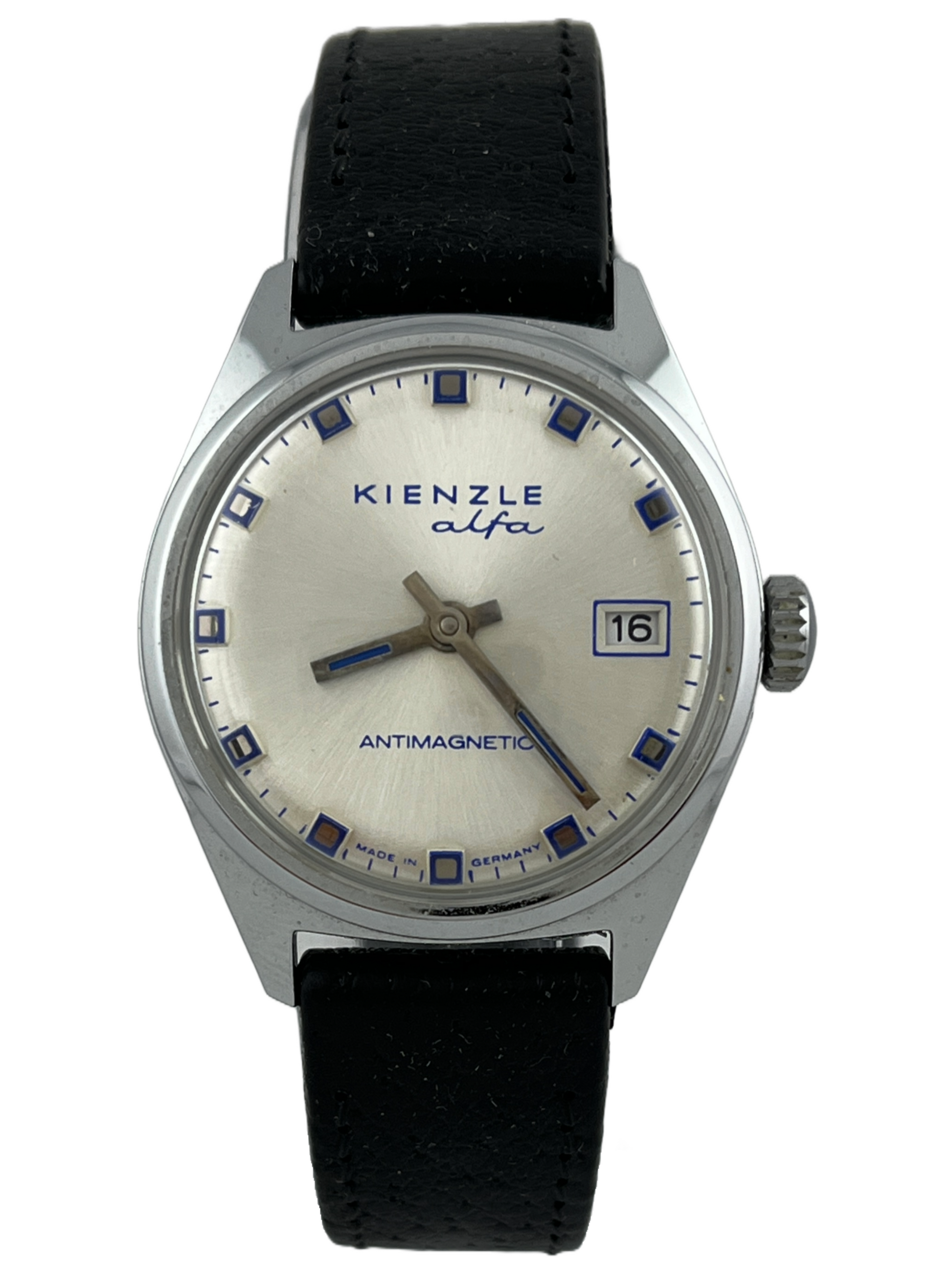 Kienzle alfa Handaufzug mit Datum und blauen Akzenten