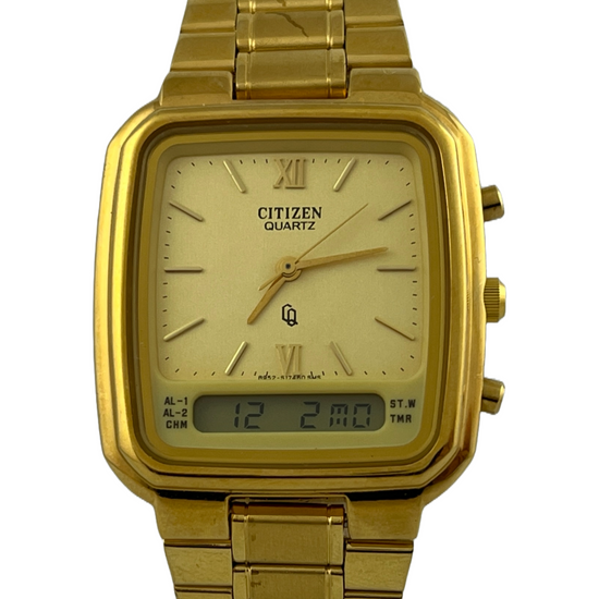 Goldene NOS Citizen Alarm Chime Quartz Ana-Digi mit Schild
