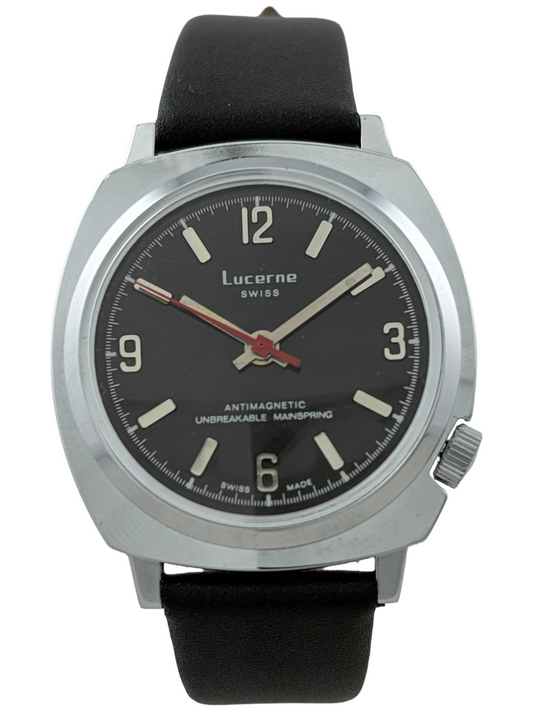 NOS Lucerne black dial Handaufzug mit Lederarmband